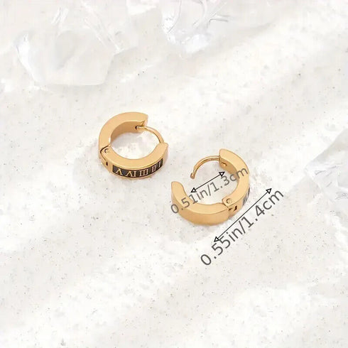 316L Surgical Steel Roman Numerals & Black Enamel Men Women Huggie Hoop Earrings